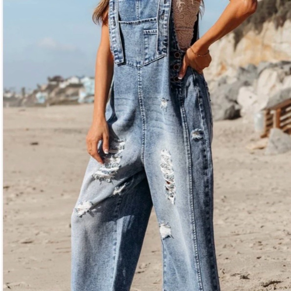 Women's Distressed Denim Overalls - Picture 3 of 3